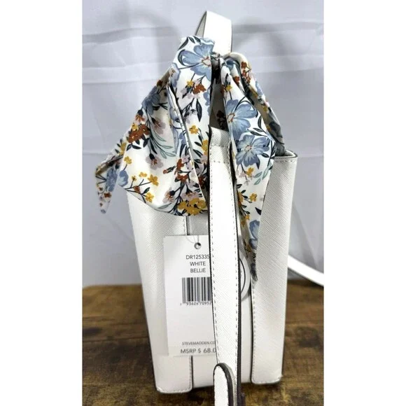STEVE MADDEN Bellie Bucket White Shoulder Bag/Purse Detachable Strap Scarf - Picture 6 of 16